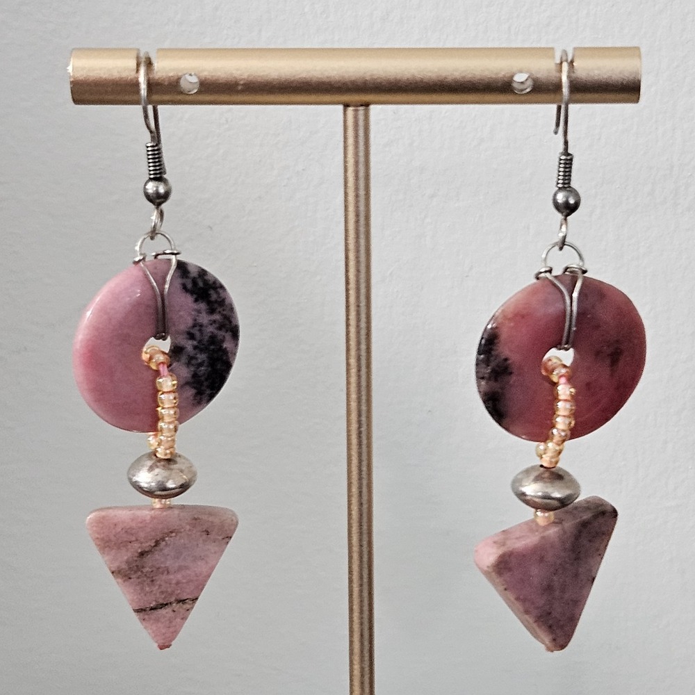 Artisan Made Rhodonite Earrings Silver Plated Pink Stone Dangle Drop